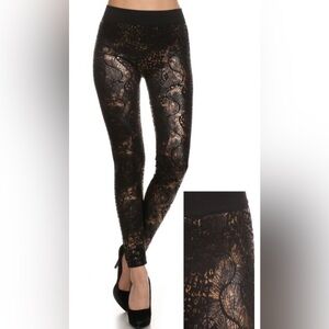 YELETE Black & Gold OS Women's Metallic Mixed Print Fleece Lined Legging